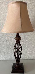 Table Lamp With Brown Metal Base, Stone Embellishment & Tan Round Shade