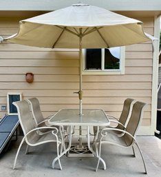 Home Patio Furniture Set Incl Glass Top Table, 4 Chairs With Metal Base & Canvas Seats, Umbrella & Stand