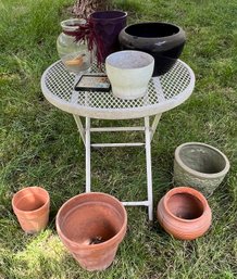 Collection Of Planting Pots Incl Terracotta & Glass Incl White Wire Small Table