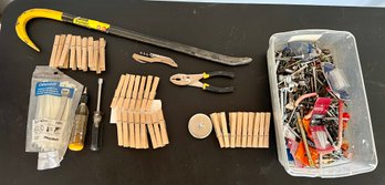 Lot Of Miscellaneous Hardware, Wrecking Bar, Pliers, Clothes Pins & More