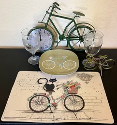 Lot Of Bike Decor Incl 2 Etched Wine Glasses, Plate & 2 Metal Bike Wall Decor