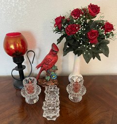 A Collection Of Candle Holders Votive Lamp, Ceramic Cardinal And Faux Roses