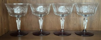 4 Vintage Bohemian Style Etched Wine Glasses With Red Bottom Stem