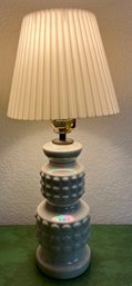 Table Lamp With Iridescent Hobnail Milk Glass Base & Round Pleated Shade (tested)