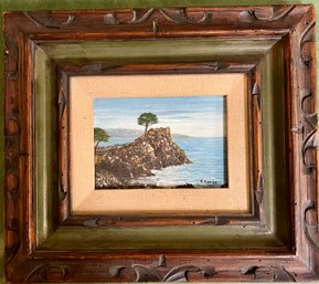 Beach Side Painting Signed F Combs In Hand Carved Wooden Frame