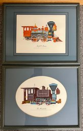 2 Train Engine Prints In Blue Wooden Frames