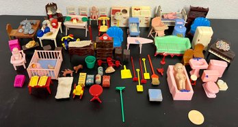 Collection Of Vintage Doll House Toy Items Incl Baby Dolls, Chairs, Tables & More