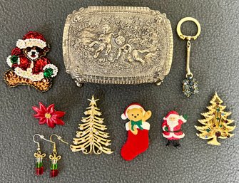 Collection Of Christmas Pins/broaches With Metal Jewelry Box