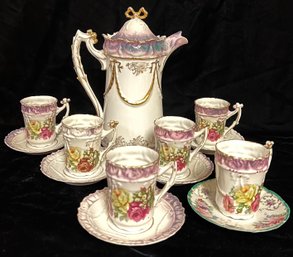 Purple & Gold-tone Floral Tea Set Incl 6 Tea Cups With Saucers & Teapot