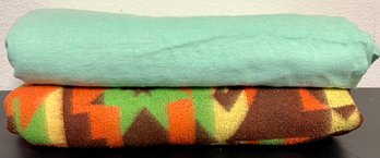 2 Vintage Thin Summertime Blankets Incl 1 Mint Green Cotton & 1 Southwestern Acyrlic