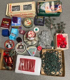 Collection Of Vintage Christmas Decor Incl Tinsel Garland, Tins, Latch Tree Skirt Kit & More