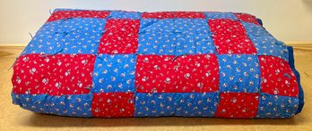 Hand Made Red & Blue Floral Quilt With Yarn Fringe