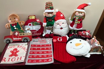 Misc Christmas Decor Including Apron, Pillow Decor And Figurines