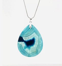 Natural Blue-Green Druzy Geode Agate Pendant Necklace /Sterling Silver Chain Spiritual HEALING Stone