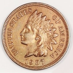 1907  Indian Cent  AU Near Uncirc! Full Sharp Liberty / 4 Sharp Diamonds Beautiful Coin!  (tft25)