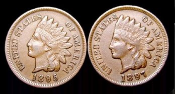 2  1895 & 1897 Indian Cents XF  Full Liberty / Diamonds Super Nice Early Pair!  (8rnn3)