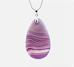 Natural Purple & White Stripe Onyx Agate Pendant Necklace /Sterling Silver Chain Spiritual HEALING STONE  NEW