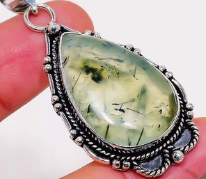 Natural Prehnite Pendant Necklace W/Sterling Silver Setting & Chain Spiritual Healing Stone