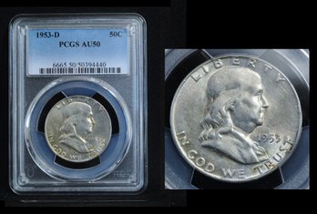 1953-D   Franklin Silver Half Dollar  PCGS Graded AU 50 NICE!  (5man2NT)