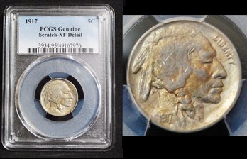 1917  Buffalo Nickel  PCGS Graded XF Detail - Scratch  RAINBOW TONED! NICE COIN! (mgm52NT)