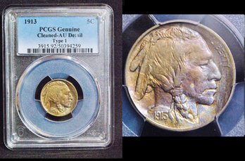 1913  Buffalo Nickel  PCGS Graded AU Detail - Cleaned  RAINBOW TONED! Key Date! NICE COIN! (zxt45NT)