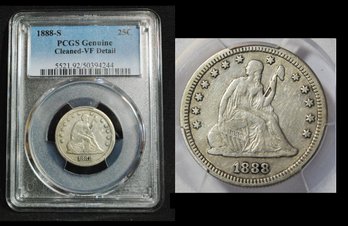 1888-S   Seated Liberty Quarter  PCGS Graded VF - Cleaned  Full Liberty!  Good Date!  (tnm48NT)