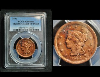 1852  Braided Hair Large Cent  PCGS Graded  VF Detail - Harshly Cleaned -  But A Nice Coin!   (eek25NT)