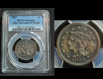 1853  Braided Hair Large Cent  PCGS Graded  VF Detail - Corrosion    (try89NT)