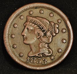 1853 Braided Hair Large Cent  XF Plus! Full Liberty And Curls! NICE COIN!  (aph67)