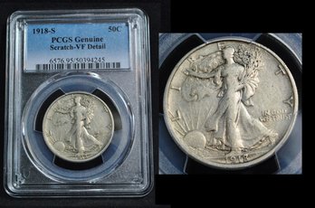 1918-S  Walking Liberty Silver Half Dollar PCGS Graded VF Detail - Scratch EARLY DATE!  (8dd34NT)