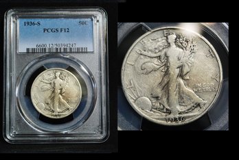 1936-S  Walking Liberty Silver Half Dollar PCGS Graded F 12 GOOD DATE  (axg27NT)