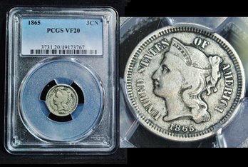 1865 Three Cent Nickel  PCGS Graded VF 20   (dmc81NT)