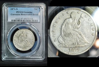 RARE  1871-S  Seated Liberty Silver Half Dollar  PCGS Graded F Detail - Corrosion Removed    (82wesNT)