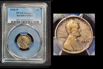 1918-D  Lincoln Cent  PCGS Graded F Detail - Scratch   (3zzs2NT)