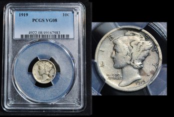 1919  Mercury Silver Dime  PCGS Graded VG 08   (bcm24NT)