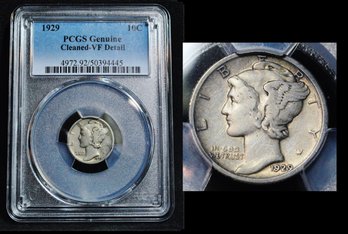 1929  Mercury Silver Dime  PCGS Graded VF Detail - Cleaned   (agl14NT)