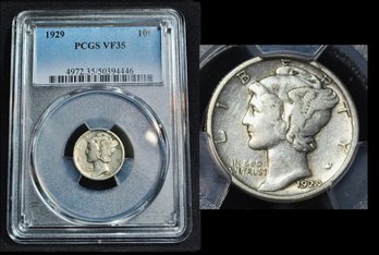 1929  Mercury Silver Dime  PCGS Graded VF 35  (20dc4NT)