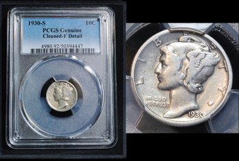 1930-S  Mercury Silver Dime  PCGS Graded F Detail - Cleaned   (kcm45NT)