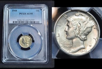 1944  Mercury Silver Dime  PCGS Graded  AU 55 NICE COIN!  (2stp4NT)