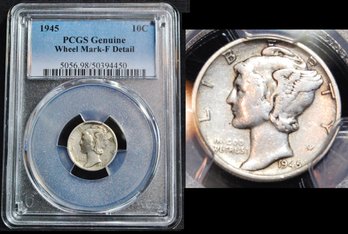 1945  Mercury Silver Dime  PCGS Graded  F Detail - Wheel Mark   (2kcl5NT)