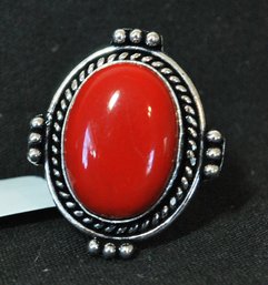Natural Red Coral  Ring  German Silver Setting  Size 8  NEW