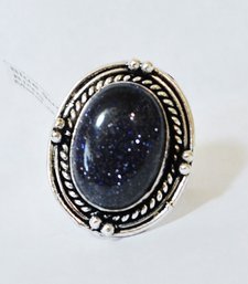 Blue Sun Stone Cabachon Ring  German Silver Setting  Size 6  NEW