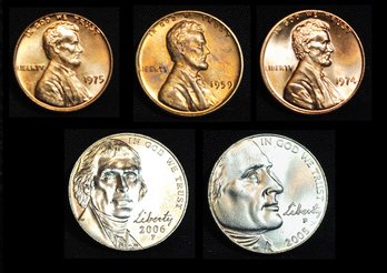 5 Coin Collector Lot UNCIRC Lincoln Cents & Jefferson Liberty Nickels NICE  (wpy99)