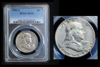 1951-S   Franklin Silver Half Dollar  PCGS Graded AU 50  (arc2NT)