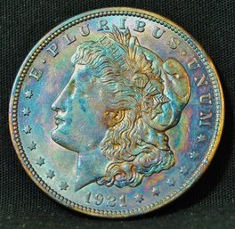 1921  Morgan Silver Dollar RAINBOW TONING  Full Chest Feathering!  NICE! Yxa37()