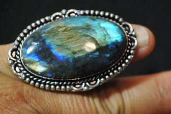 Fiery Labradorite Cabachon Ring German Silver Setting Size 7