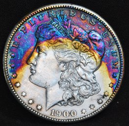 1900  Morgan Dollar  Rainbow Toning FULL CHEST FEATHERING AU  (pls24)