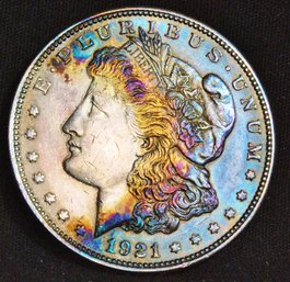 1921  Morgan Silver Dollar RAINBOW TONING! Full Chest Feathering WOW  (xve29)