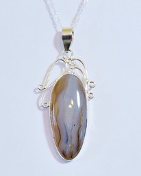 Natural Blue & Brown Lace Agate Pendant Necklace W/Sterling Silver Setting & Chain Spiritual Healing Stone