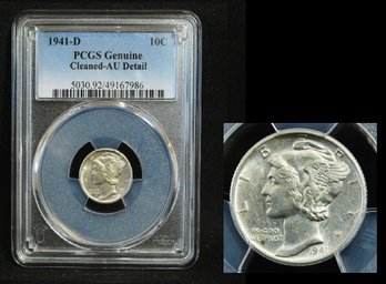 1941-D Mercury Silver Dime PCGS Graded AU  Cleaned (2cgm4NT)